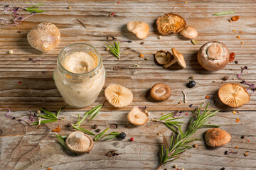 pate of wild mushrooms on the wooden table - obrazy, fototapety, plakaty