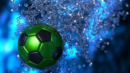 Fototapeta premium Green-Black Soccer Ball with diamond particles under blue flare lighting. 3D illustration. 3D CG. 3D high quality rendering.