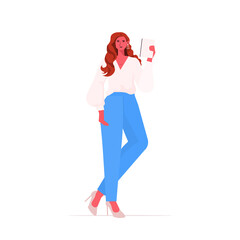 businesswoman leader in formal wear using tablet pc successful business woman standing pose leadership best boss concept female office worker full length vector illustration