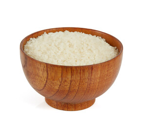 round rice in a wooden bowl isolated on white backrgound