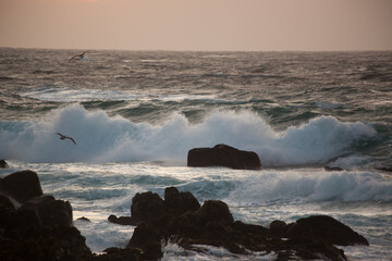 Ocean crashing onto a rocky shore at sunset