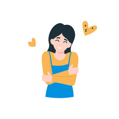 Girl hugs herself, Love yourself, body positive concept. Flat vector cartoon illustration.
