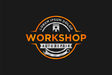 Fototapeta na wymiar Automotive logo design, vintage style logo for garage workshop with piston gear element