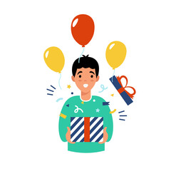Man holding present box with open mouth, received a gift for the new year. Flat vector cartoon modern illustration.