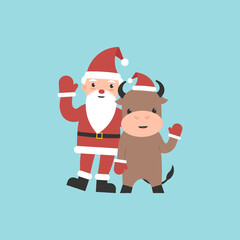 Character bull and Grandfather Frost waving hands. Xmas and New Year cute symbol isolated background. Flat vector cartoon modern illustration.