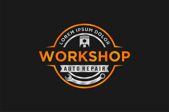 Automotive Logo Design, Vintage Style Logo For Garage Workshop With Piston Gear Element