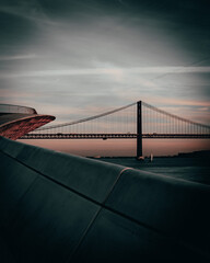 View of 25 Abril bridge during sunset, Lisboa, Portugal