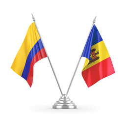 Moldova and Colombia table flags isolated on white 3D rendering