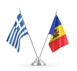 Moldova and Greece table flags isolated on white 3D rendering