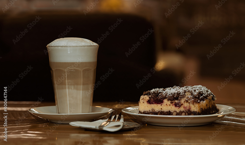 Sticker latte macchiato and piece of homemade cake