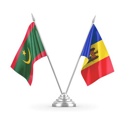 Moldova and Mauritania table flags isolated on white 3D rendering