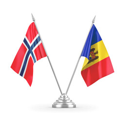 Moldova and Norway table flags isolated on white 3D rendering