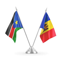 Moldova and South Sudan table flags isolated on white 3D rendering