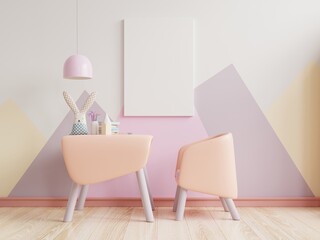 Mock up poster in the children's bedroom in pastel colors on empty pastel colors wall background.