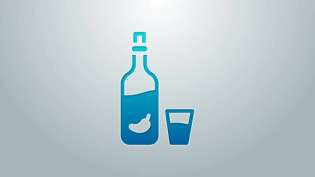 Blue line Vodka with pepper and glass icon isolated on grey background. Ukrainian national alcohol. 4K Video motion graphic animation