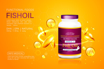 Fish oil ads template, omega-3 softgel with its package. Deep sea background. 3D illustration.