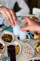 Turkish and Greek Traditional Dinning Table with Special Alcohol Drink Raki. Ouzo and Turkish Raki...