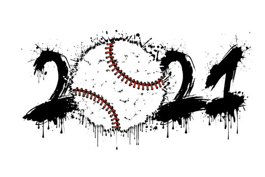 Abstract numbers 2021 and baseball ball made of blots in grunge style. 2021 New Year on an isolated background. Design pattern. Vector illustration