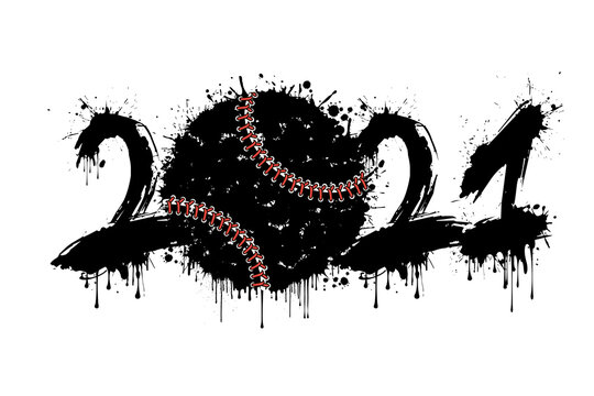 Abstract numbers 2021 and baseball ball made of blots in grunge style. 2021 New Year on an isolated background. Design pattern. Vector illustration