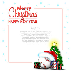 Fototapeta na wymiar Merry Christmas and Happy New Year. Frame with baseball ball, Christmas tree and gift boxes. Greeting card design template with for new year. Vector illustration