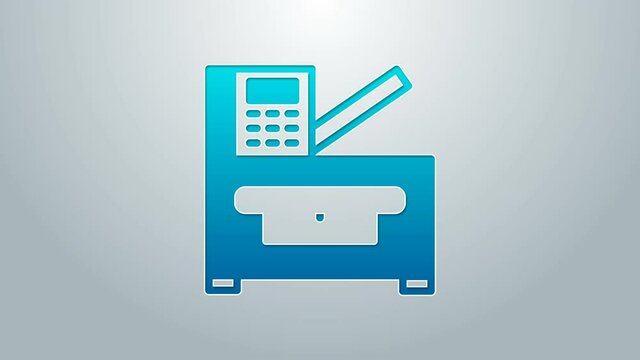 Blue line Office multifunction printer copy machine icon isolated on grey background. 4K Video motion graphic animation