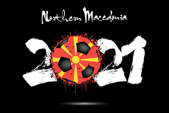 Abstract numbers 2021 and soccer ball painted in the colors of the Northern Macedonia flag in grunge style. 2021 and flag of Northern Macedonia in the form of a soccer ball. Vector illustration