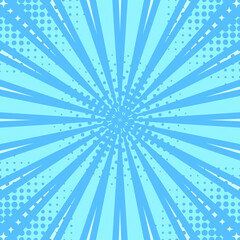 Abstract blue striped retro comic background with halftone corners. Template with rays, dots and halftone effect texture. Vector illustration. EPS10