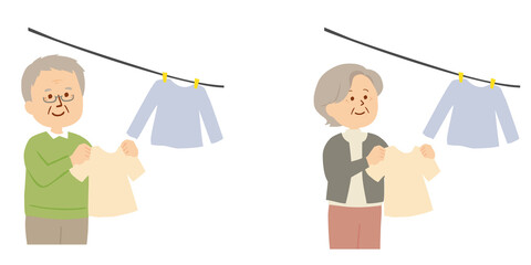 洗濯物を干すシニアのイラスト