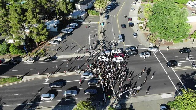 Black lives matter protesters blocking intersection and streets in Vallejo drone view