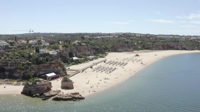 Beautiful aerial view of Mohle Beach on warm sunny day. Portugal. Drone