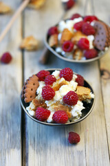 Delicious dessert with mascarpone cheese, raspberries and cookies.