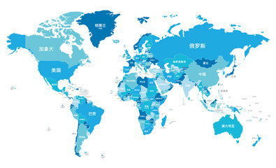 Fototapeta na wymiar Political World Map vector illustration with different tones of blue for each country and country names in chinese. Editable and clearly labeled layers.