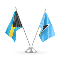 Saint Lucia and Bahamas table flags isolated on white 3D rendering 