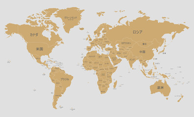 Fototapeta na wymiar Political World Map vector illustration with country names in japanese. Editable and clearly labeled layers.