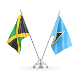 Saint Lucia and Jamaica table flags isolated on white 3D rendering