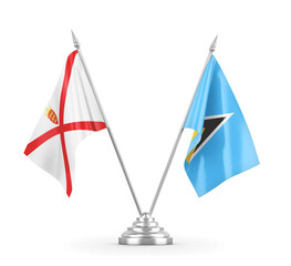 Saint Lucia and Jersey table flags isolated on white 3D rendering