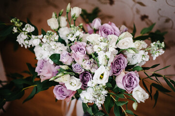 Bouquet flower in the vase in room. Home decor.
