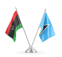 Saint Lucia and Libya table flags isolated on white 3D rendering