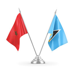 Saint Lucia and Morocco table flags isolated on white 3D rendering