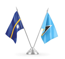 Saint Lucia and Nauru table flags isolated on white 3D rendering