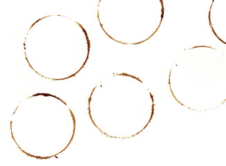 brown shapes of  Coffee ring stains. Wine glass marks or coffee cup round stains and dirty splashes...