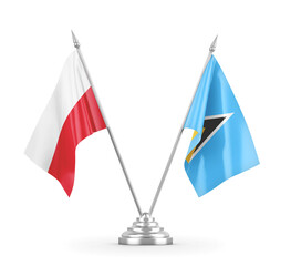 Saint Lucia and Poland table flags isolated on white 3D rendering