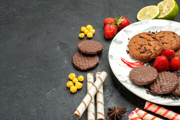 front view yummy choco biscuits for tea on grey background sweet cookie sugar tea