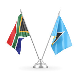 Saint Lucia and South Africa table flags isolated on white 3D rendering