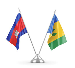 Saint Vincent and the Grenadines and Cambodia table flags isolated 