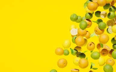 Falling citrus fruits on yellow background. Copy space