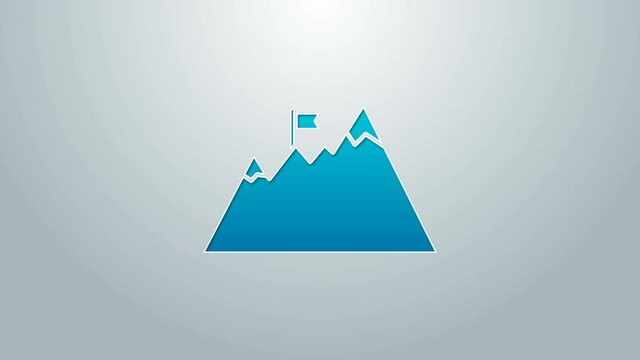 Blue line Mountains with flag on top icon isolated on grey background. Symbol of victory or success concept. Goal achievement. 4K Video motion graphic animation