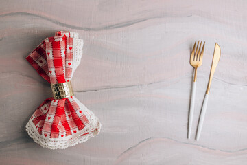 Valentines day or wedding meal background. Romantic holiday table setting. Flat lay