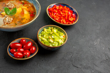 front view delicious meat soup with sliced pepper on a dark background dish photo meal food
