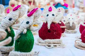 Lord Ganesha dolls made from jute, Handicrafts for sale at Kolkata handicrafts fair, West Bengal,...